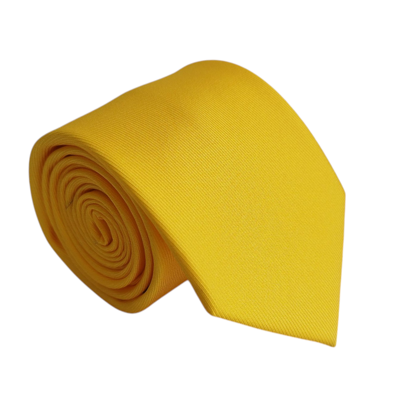 Gravata de seda lisa amarela, com acabamento maquinetado.