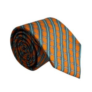 Gravata de Seda Laranja com Estampa Cinza e Azul